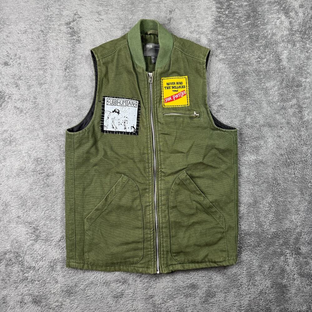 Sex Pistols Subhumans Rats Punk Rock Patch Vest Canvas Green Zip Up Mens S Asos
